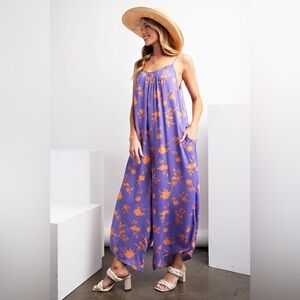 easel Purple Floral Wide-Leg Jumpsuit with Orange Print